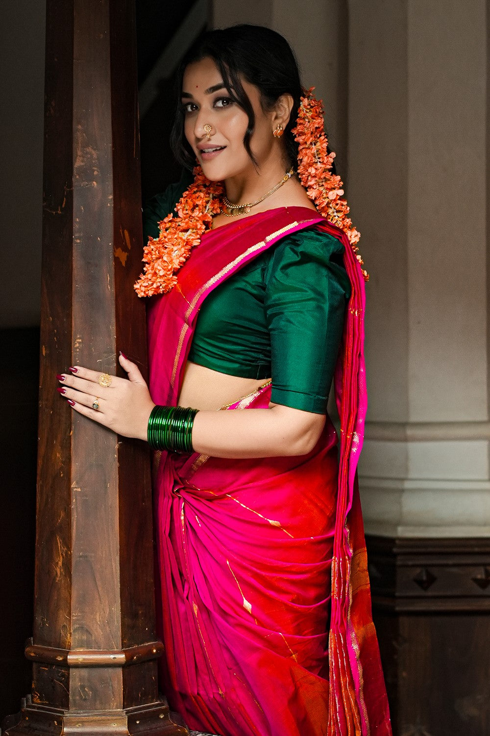 Maheswari Silk Saree Dual Shade with Zari Stripes & Diamond Buta