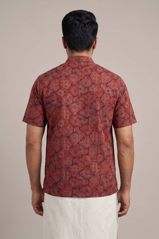 Red Chinese Collar Ajrakh Handblock Print Shirt