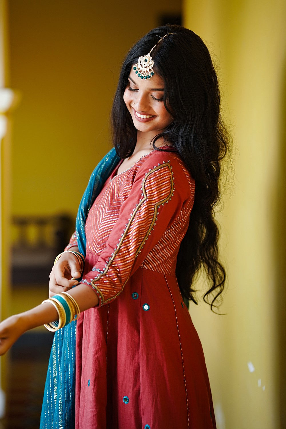 Burnt Orange Anarkali Set with Embroidery Sleeves