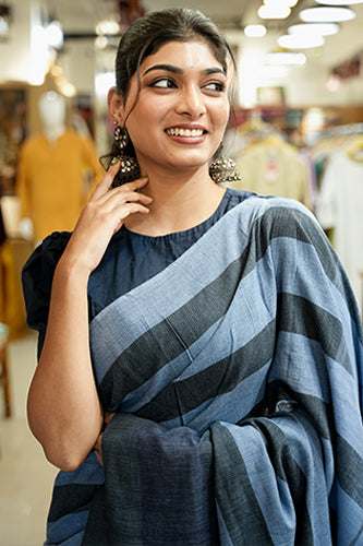 Blue Base Black Check Saree