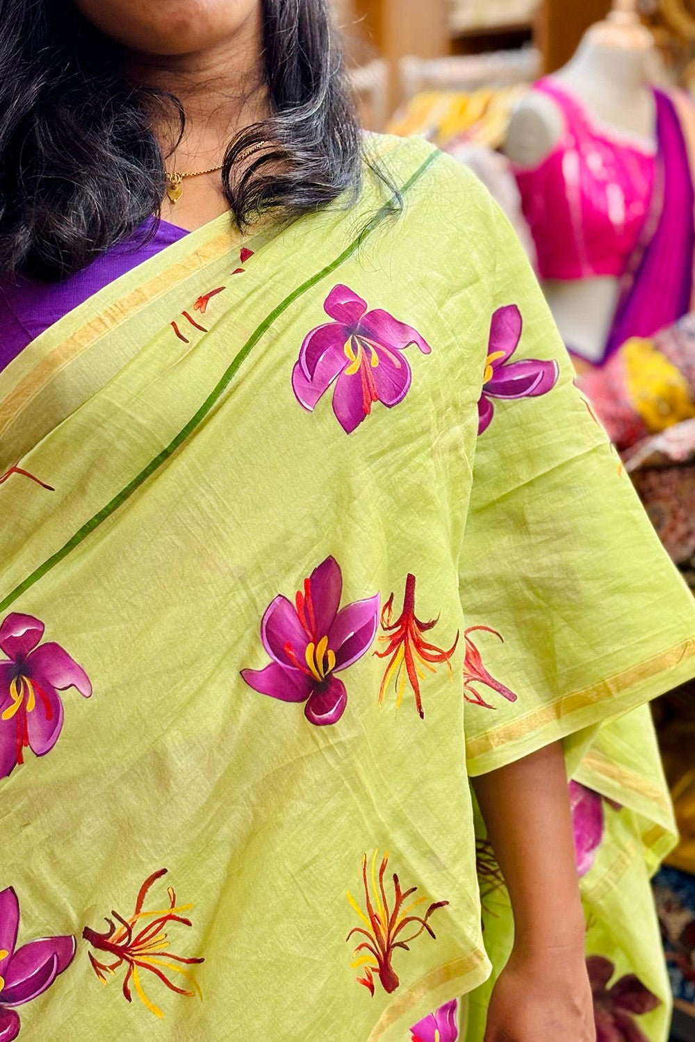 Green chanderi saffron handpainted saree