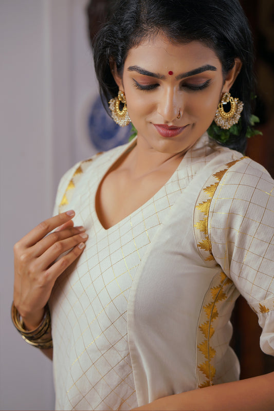 Off White 3 Panel Dress with kasavu Temple Seam