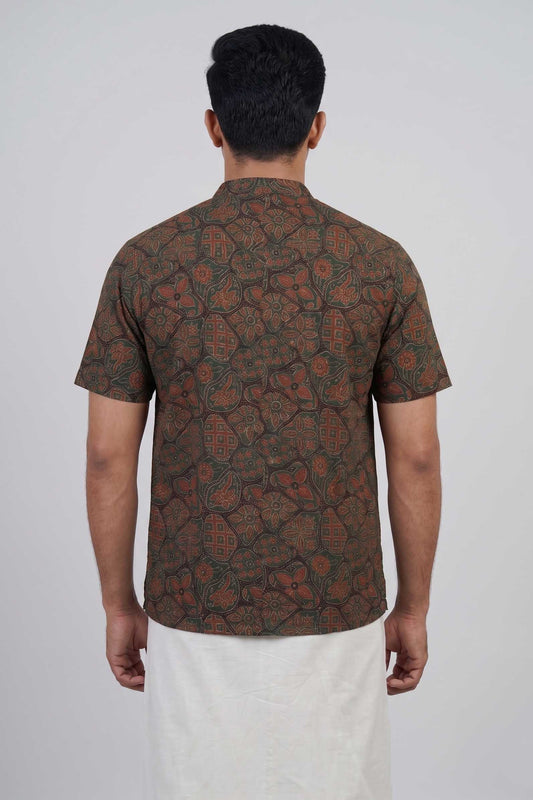 Green & Yellow Chinese Collar Ajrakh Handblock Print Shirt