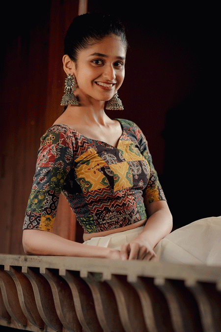 Offwhite Kerala Kasavu Skirt and Ajrakh Patch Blouse