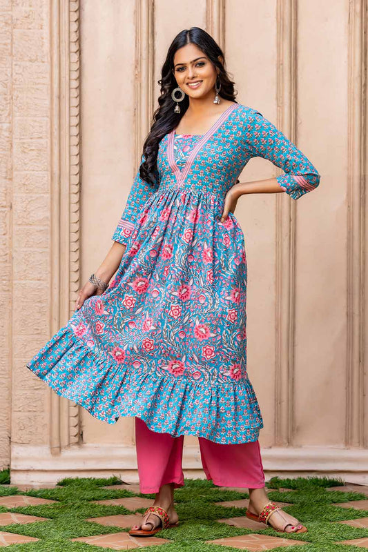 Blue And Pink Floral Kurta