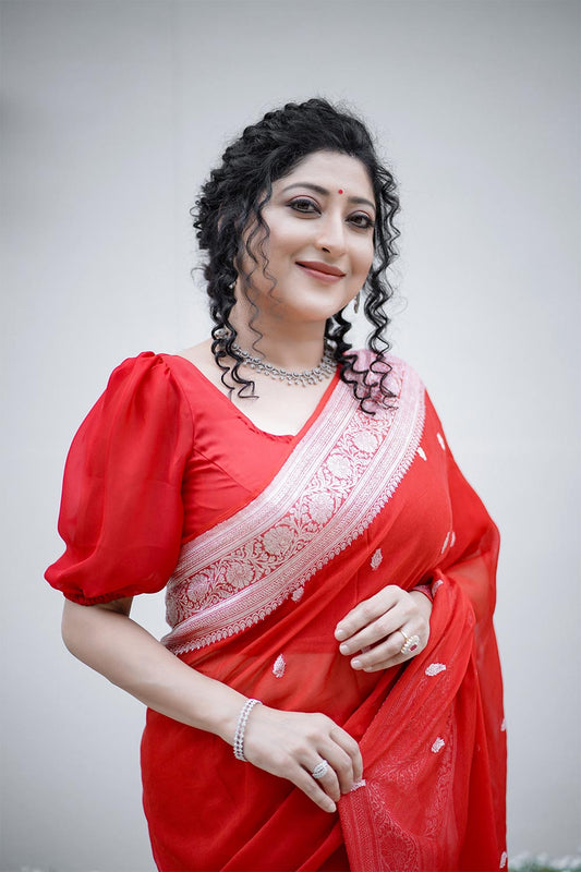 Red Pure Silk Chiffon Saree