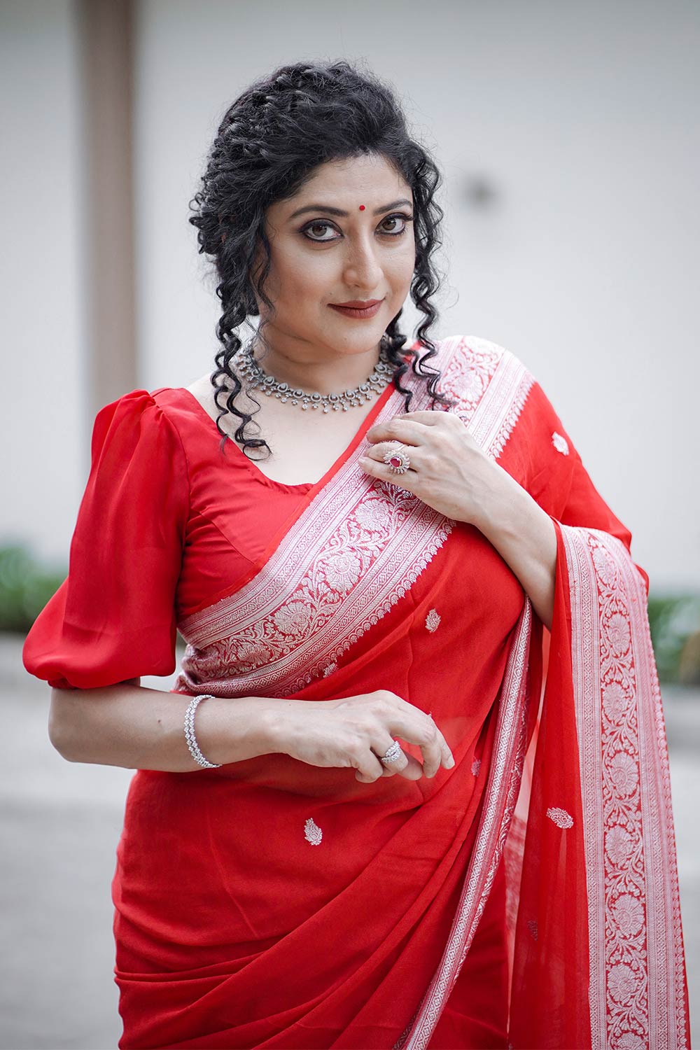 Red Pure Silk Chiffon Saree