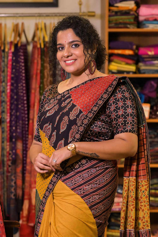 Ajrakh patch with yellow pleat saree