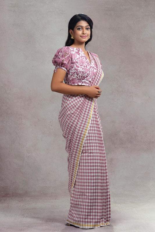 Chendamangalam handloom mauve and off white checks saree golden border