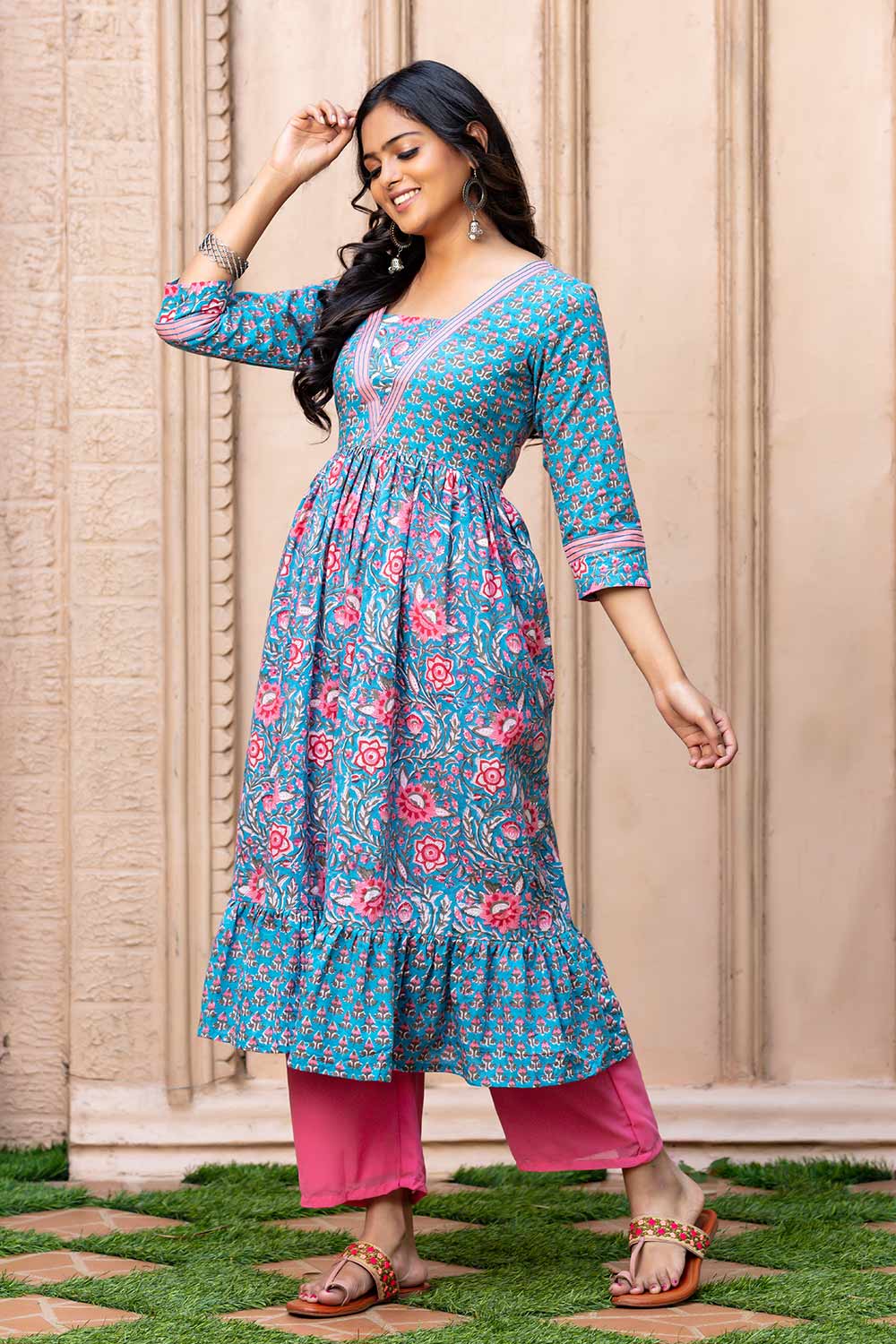 Blue And Pink Floral Kurta