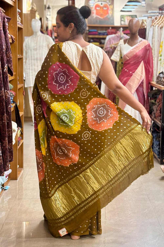 Dark Yellow Modal Silk Bandhani Silk Saree