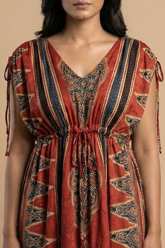 Red Ajrakh Printed Dress