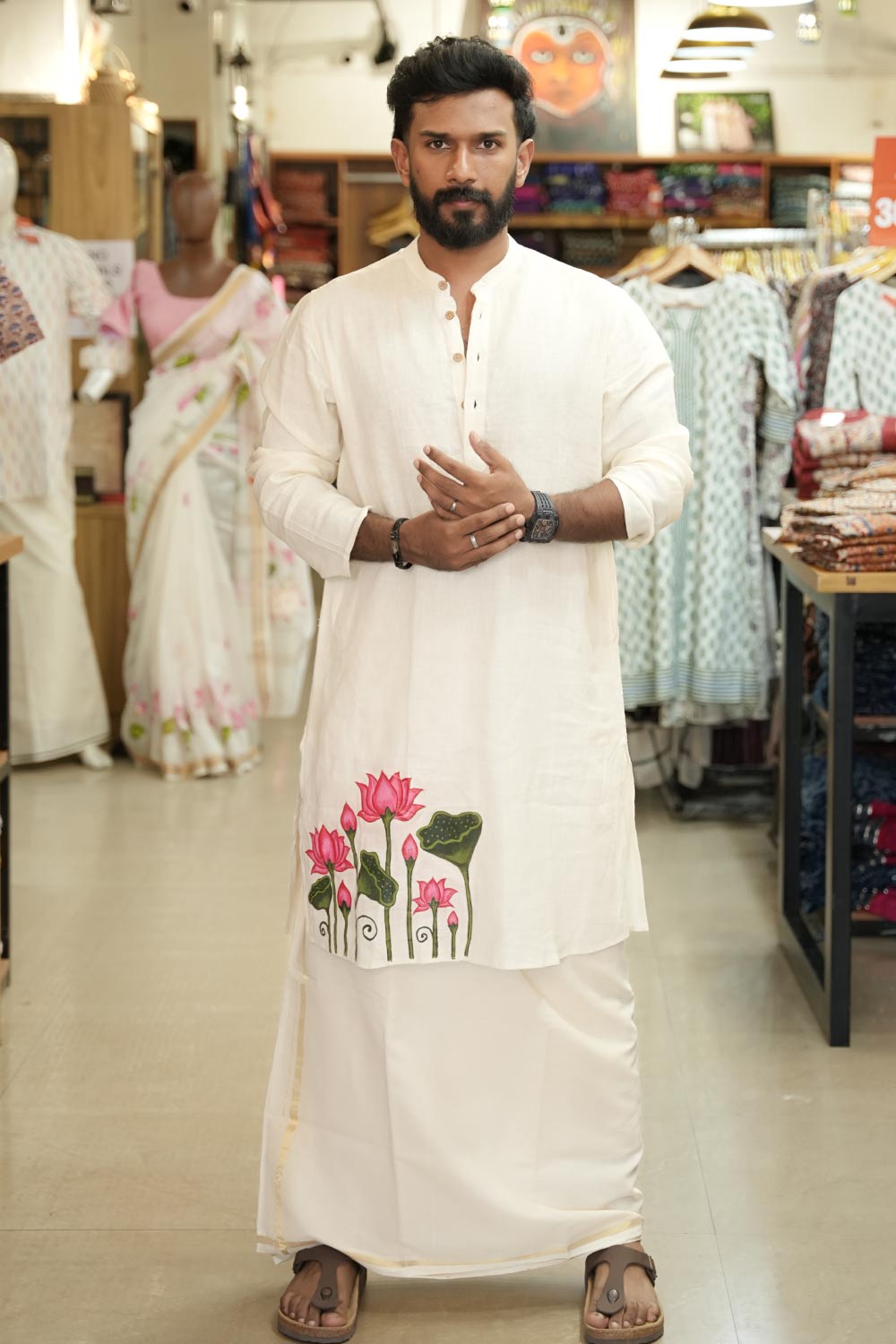 Off white Linen Lotus Printed Long Kurta