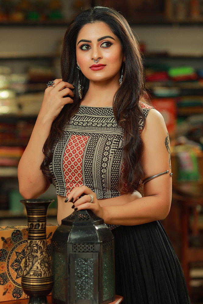 Mul Cotton Black Skirt & Hand Block Printed Blouse Set