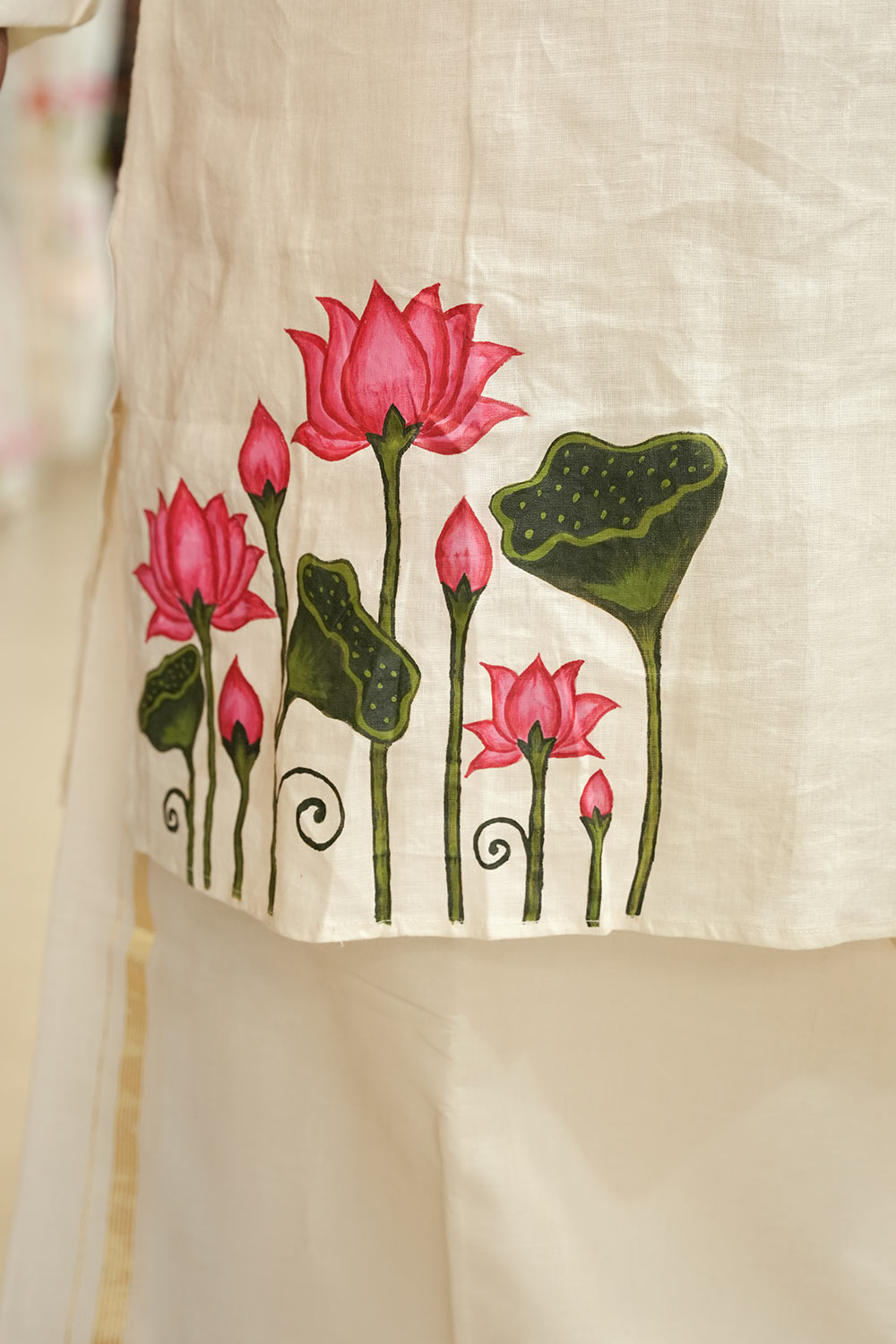 Off white Linen Lotus Printed Long Kurta