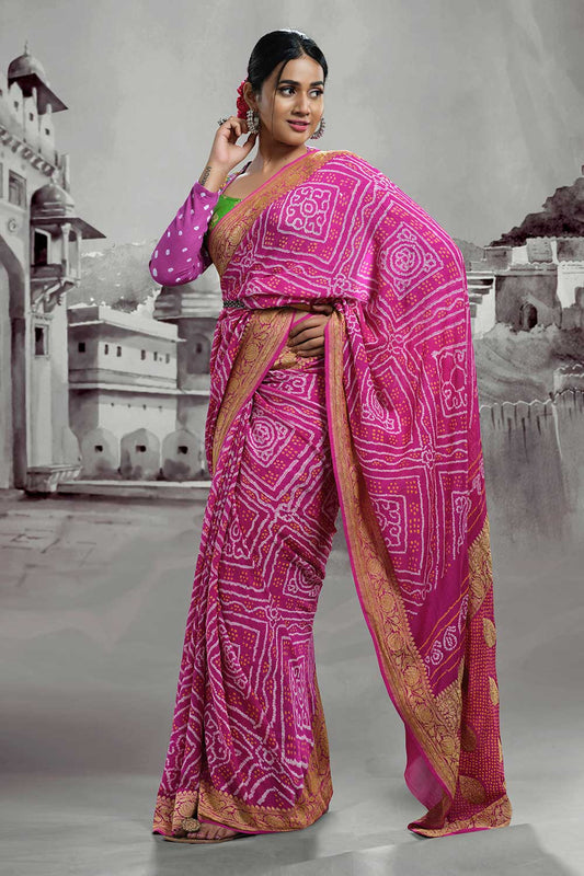 Georgette silk Bandhani saree with Banarasi border