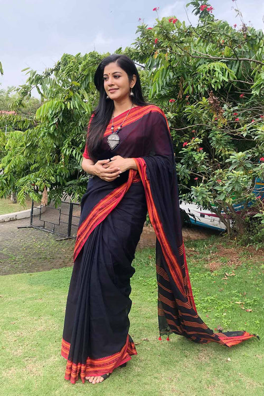 Black Handloom Cotton Saree With Red And Orange Border