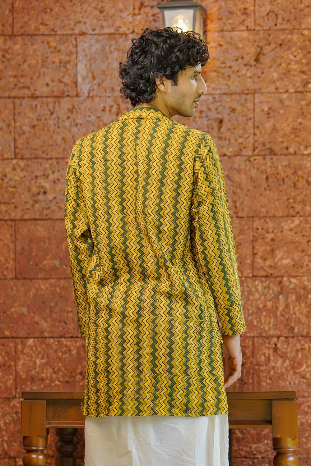 Ajrakh Yellow Base Zigzag Long Kurtha