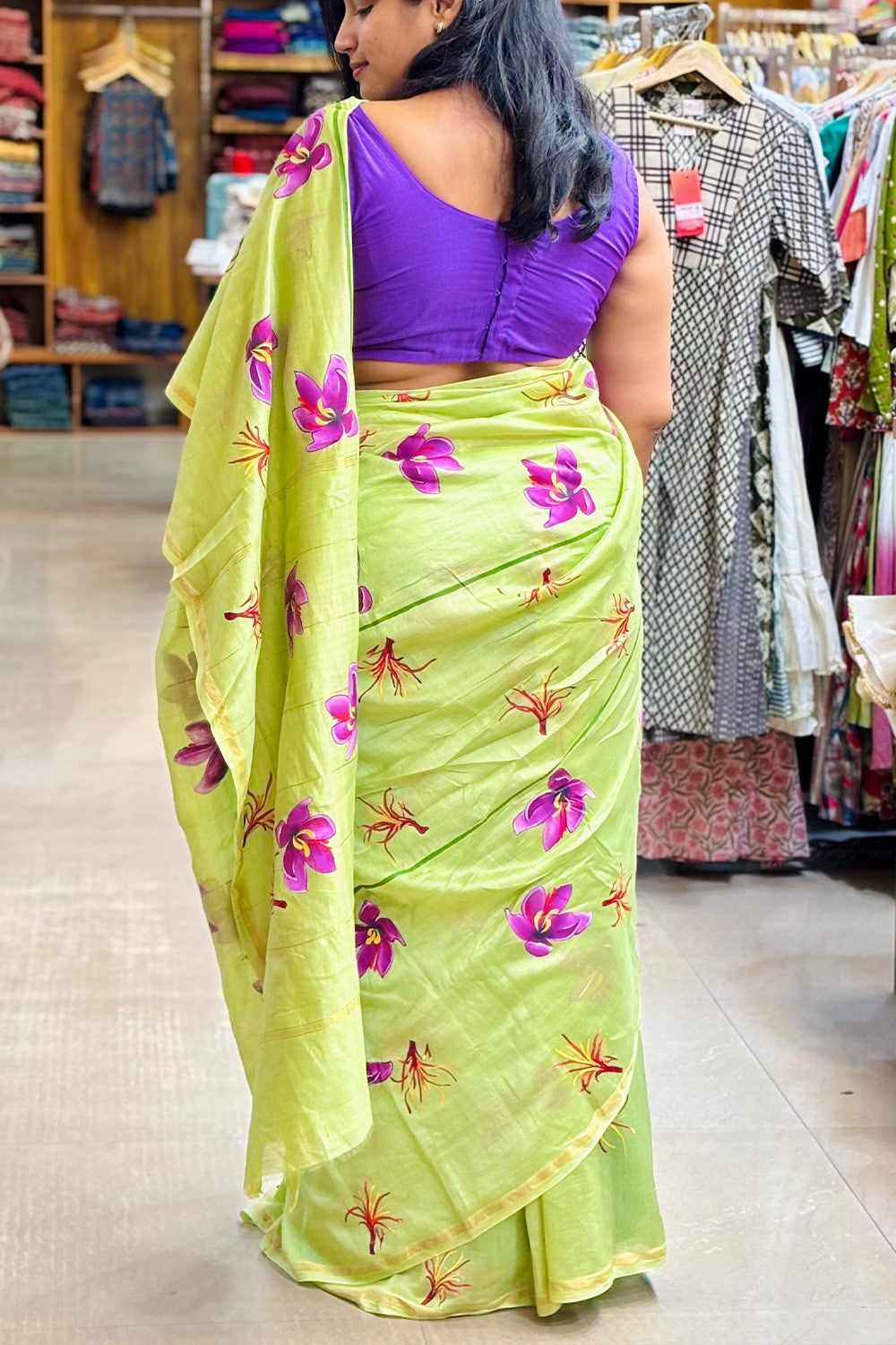 Green chanderi saffron handpainted saree