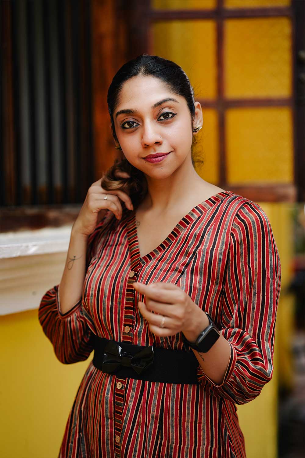 MODAL SILK RED & BLACK STRIPE ALINE KURTI