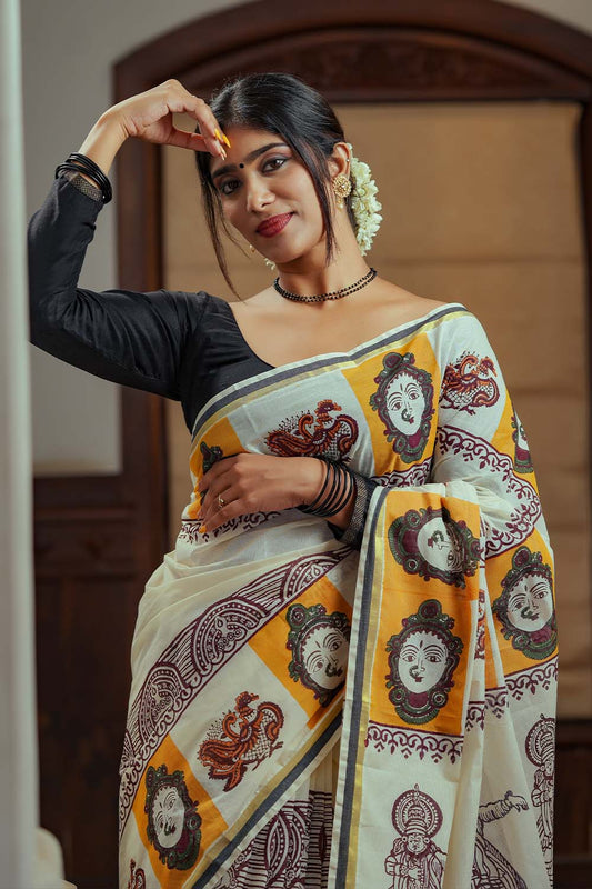 Offwhite Black & Gold Border Kadhakali Print Set Saree