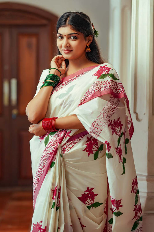 Off white set saree with Handblocked Chethipoov