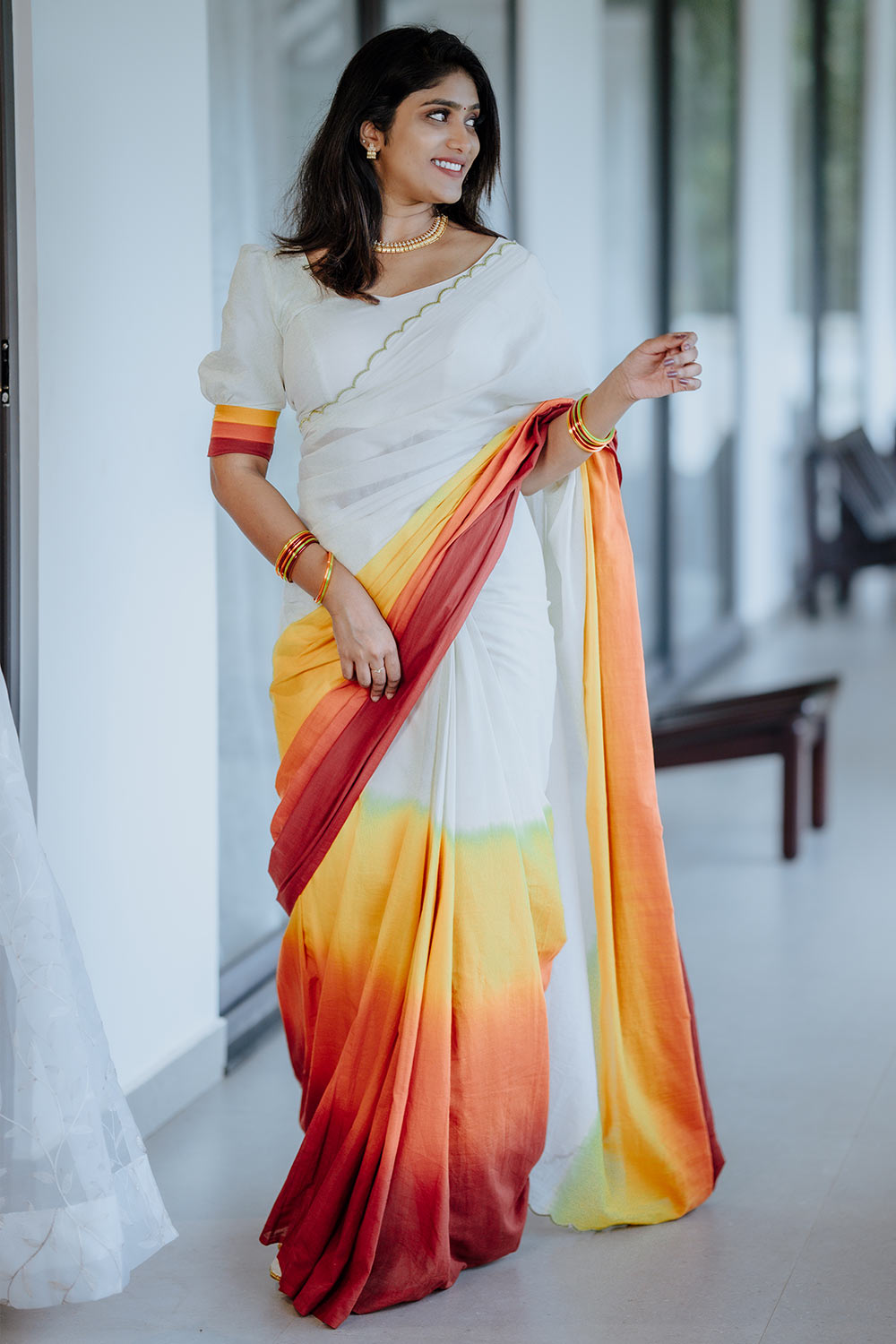 White Base Red & Orange Ombre Saree