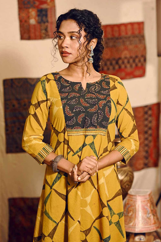 Mustard Yellow A line Kurti with Feather Yoke