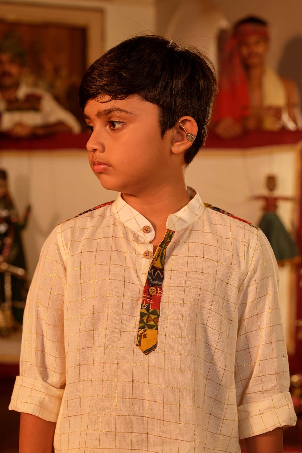Off-white Golden Check Kurta With Ajrak Multi Patch