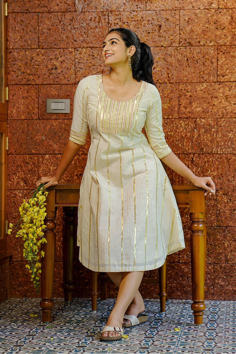 Off white Golden Striped A line Kurthi