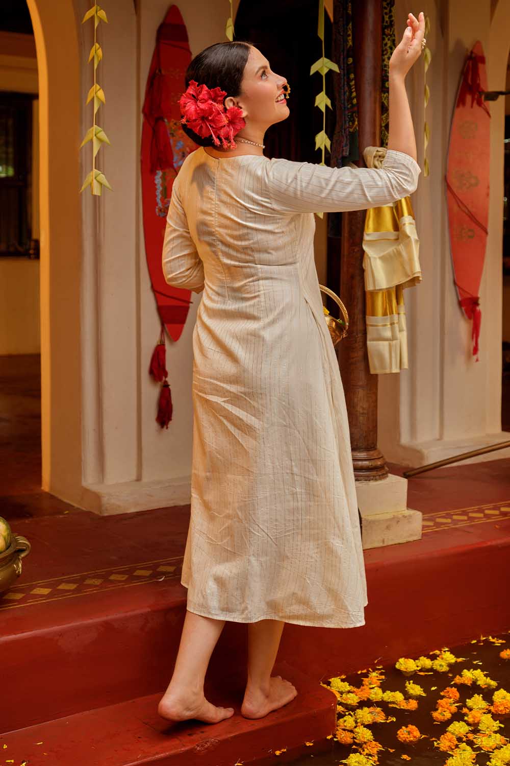 Hibiscus Handpainted Offwhite A line Gathered Dress