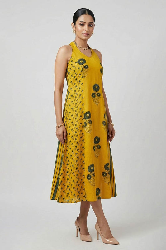 Yellow Ajrakh Modal silk Holter Neck A Line Kurti