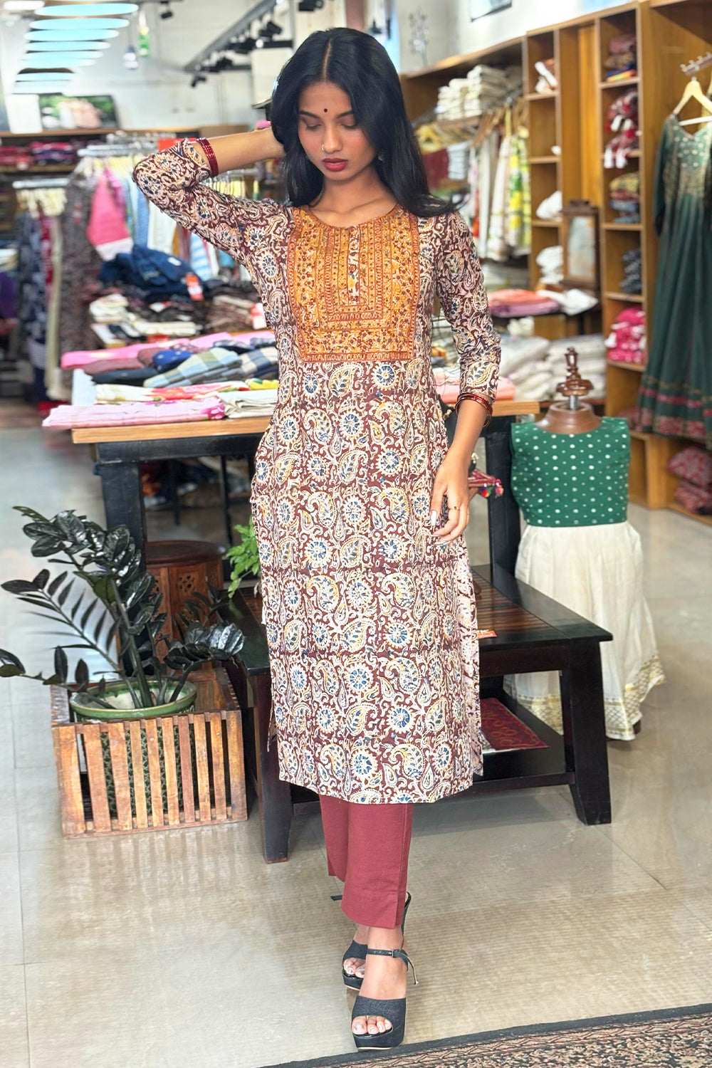 Brown Kalamkari Slitted Kurthi