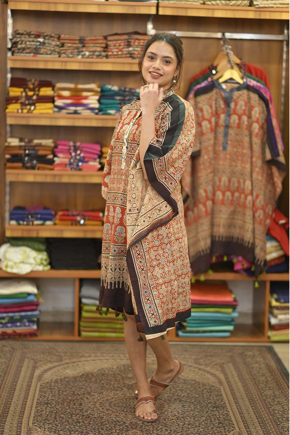 Red Base Kaftan Blue Collar & Leaf Rangoli Pattern