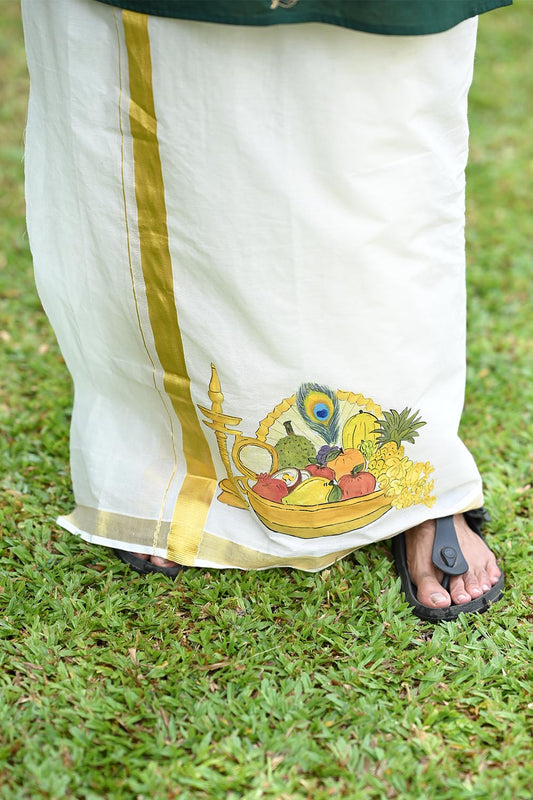 Offwhite Dhothi with Vishu Kani Handpainted