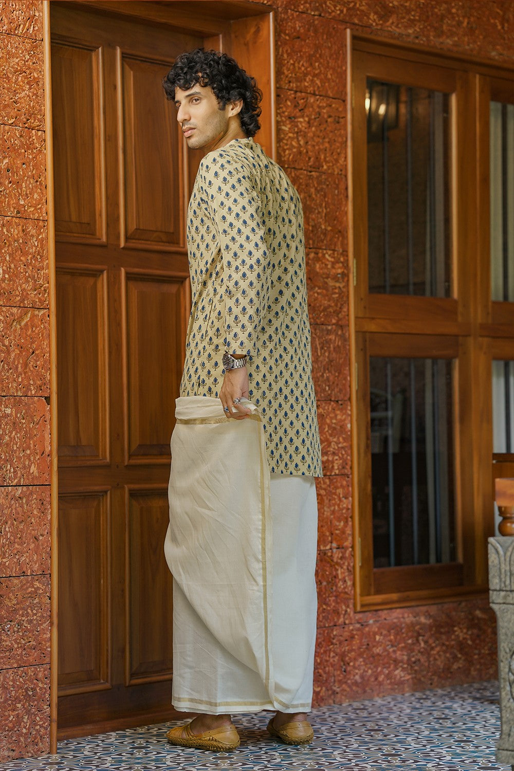 Ajrakh Beige Long Kurtha