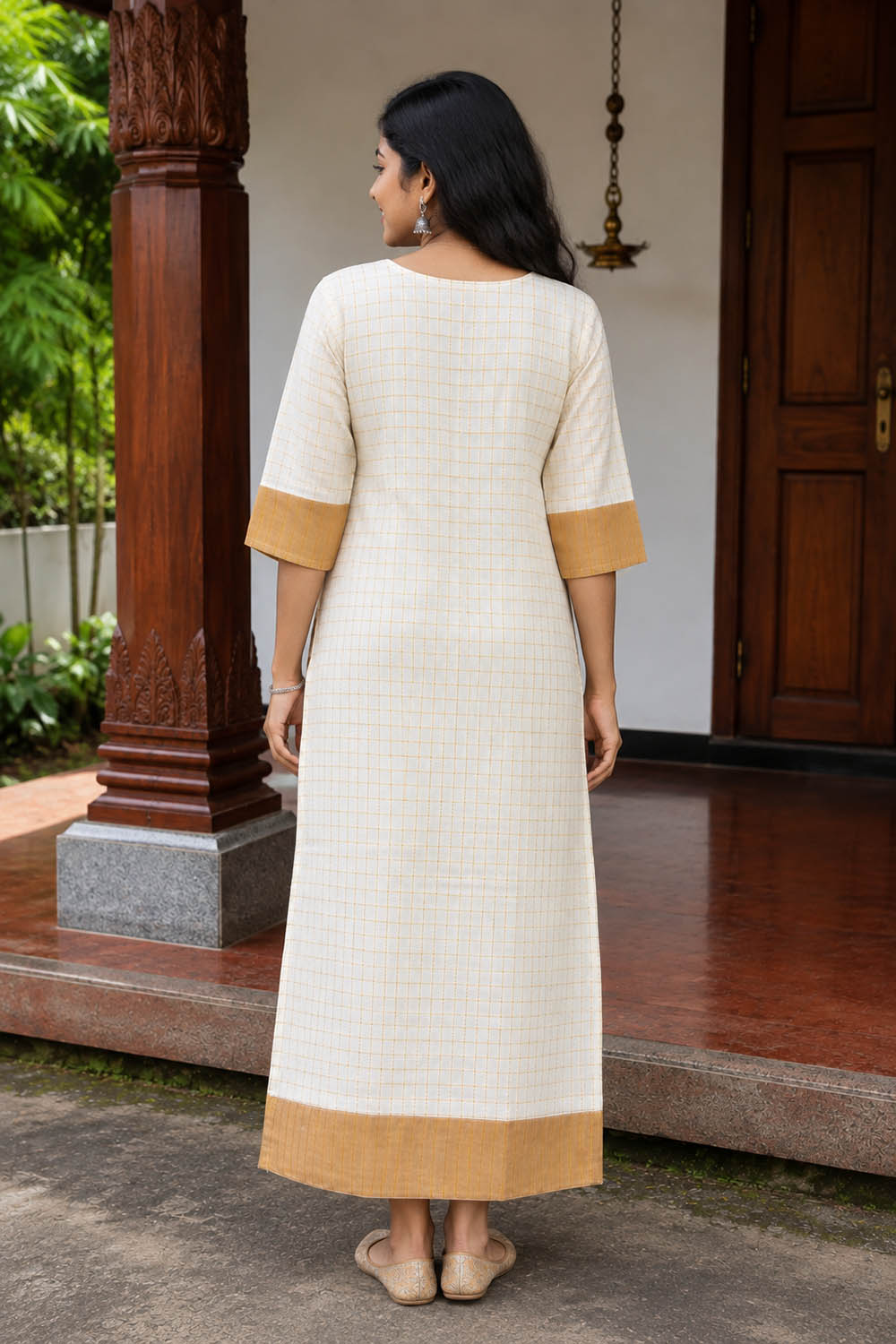 Offwhite Check Kurti with Pink Neck & Embroidery