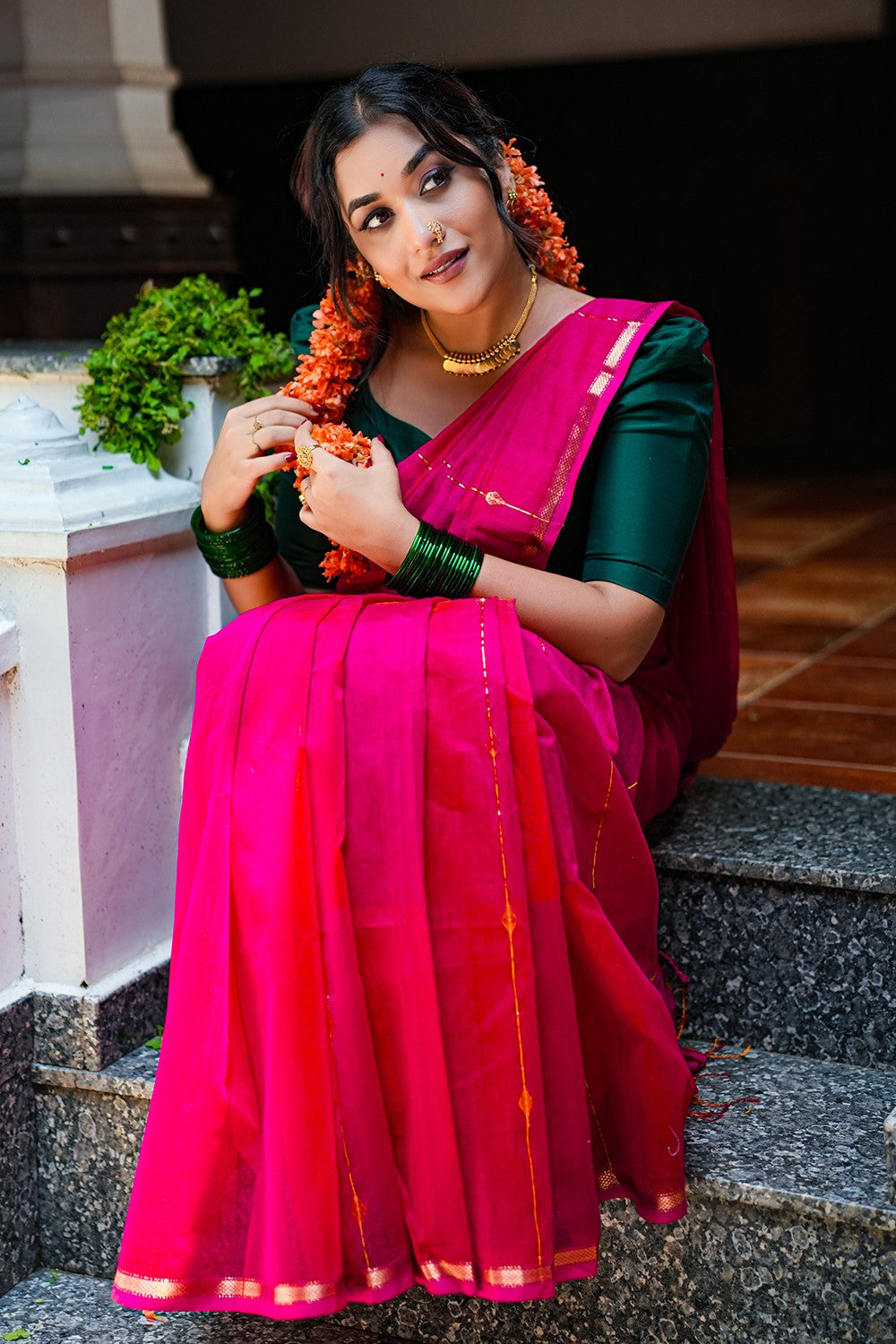 Maheswari Silk Saree Dual Shade with Zari Stripes & Diamond Buta