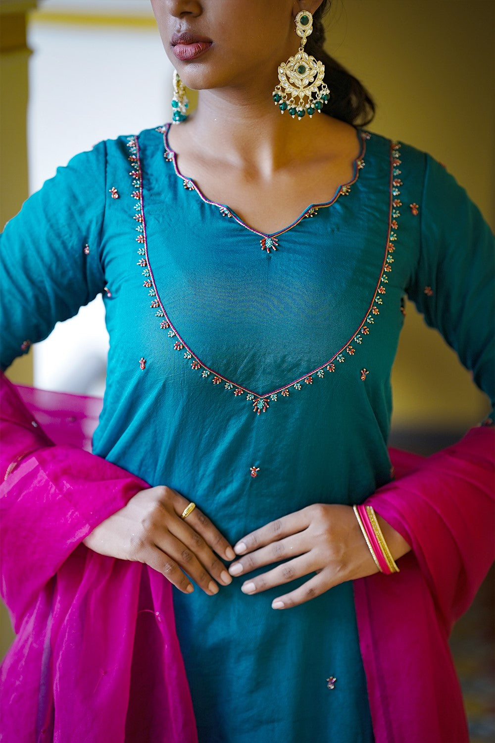 Teal Blue Chanderi Handwork A Line Kurthi