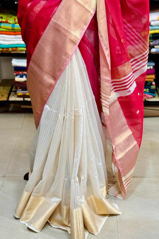 Red Maheswari Silk Saree Half & Half