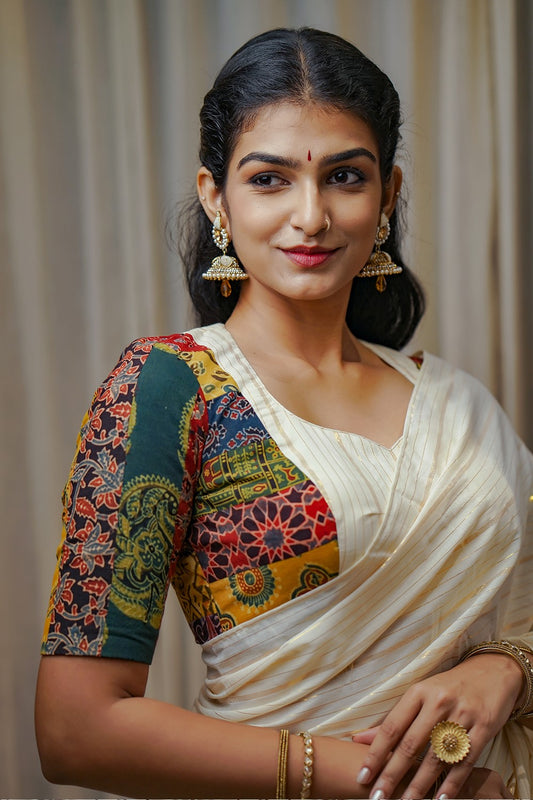 Off White Ajrakh Multi Colour Pleated Saree