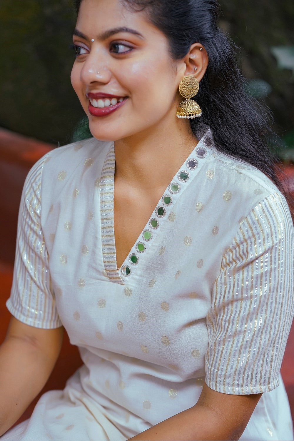 Off White Side Slitted Kurthi with Golden Butta