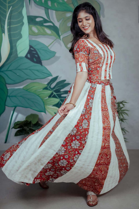 Offwhite Top & Skirt with Red Kalamkari