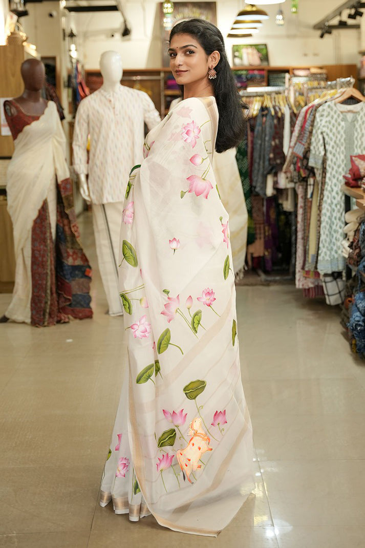 Lotus Hand Painted Maheswari Silk Saree