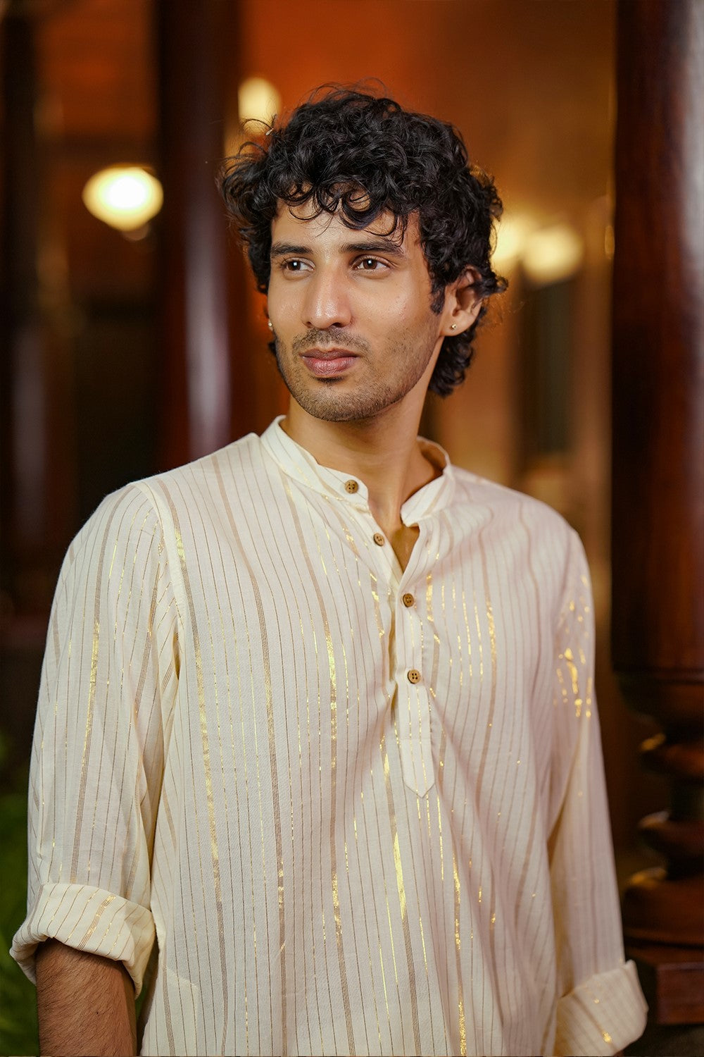 Off White Chinese Collar Full Sleeve Long Kurtha