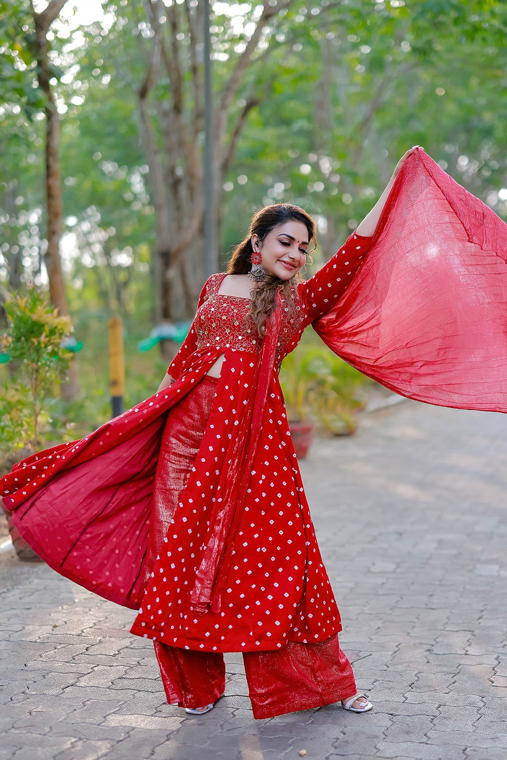 Red Modal Bandini Center Slitted Anarakali Set