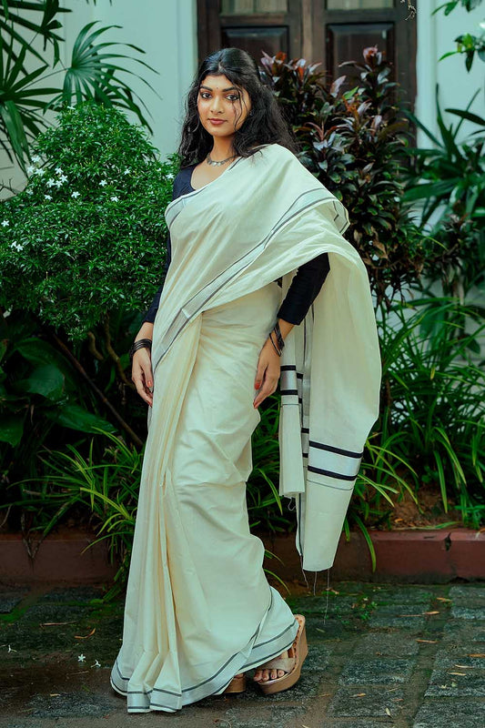 Kerala Silver Kasavu Saree with Black Border