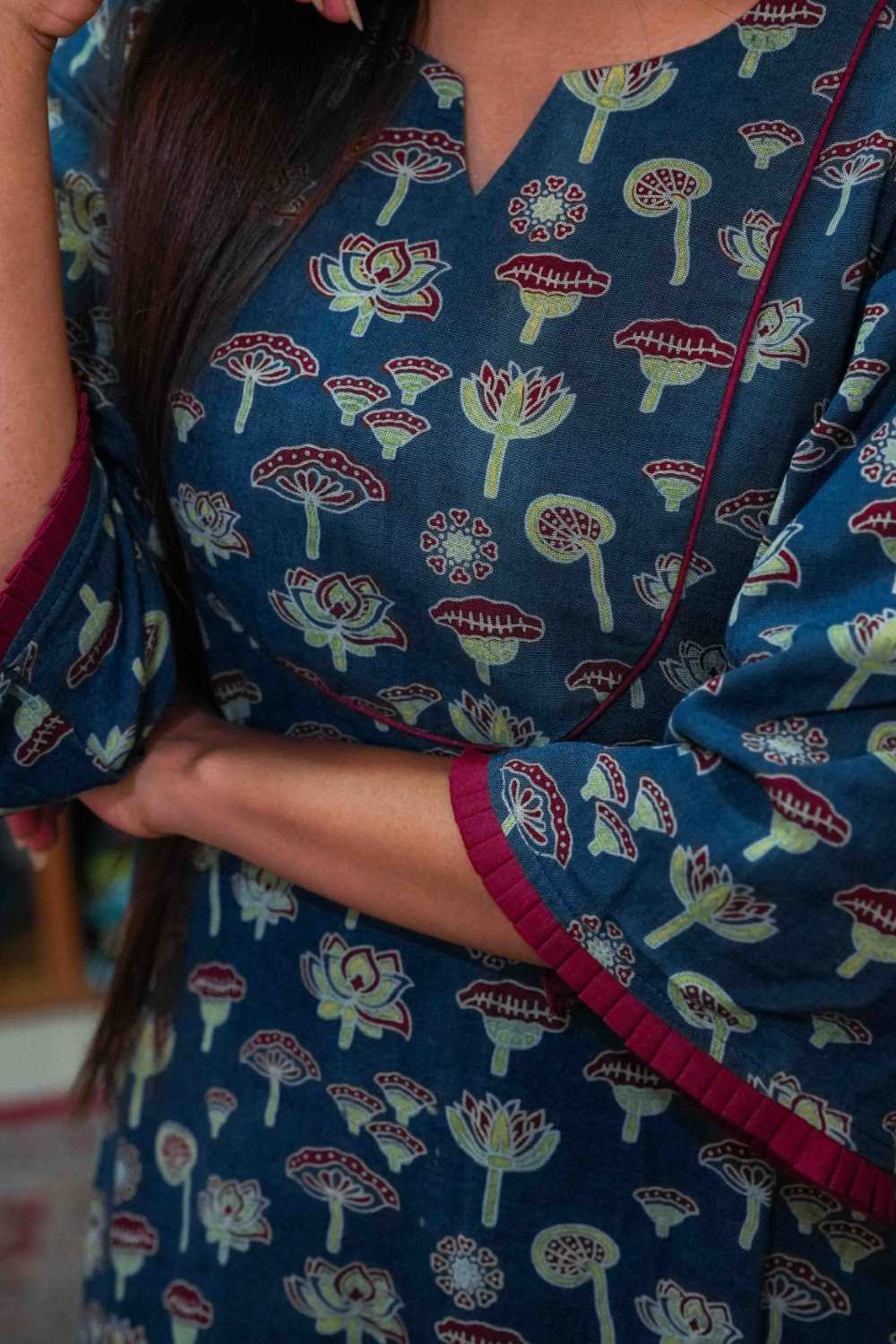 Blue Aline Dress with Green Lotus Print