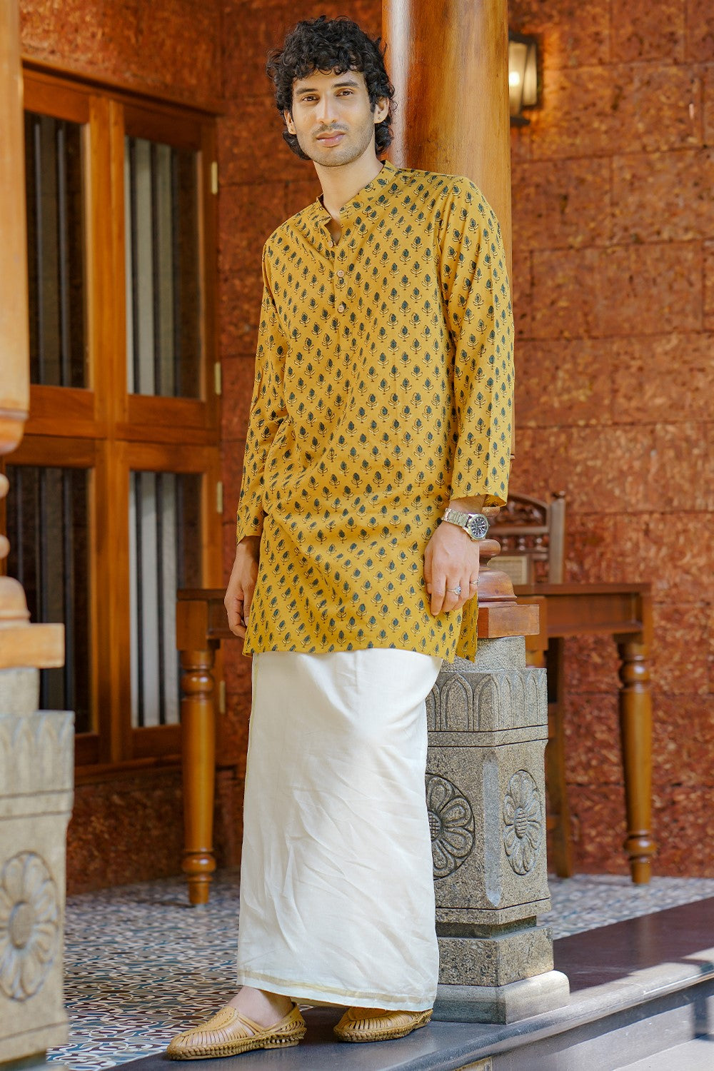 Yellow Base Green Print Long Kurtha