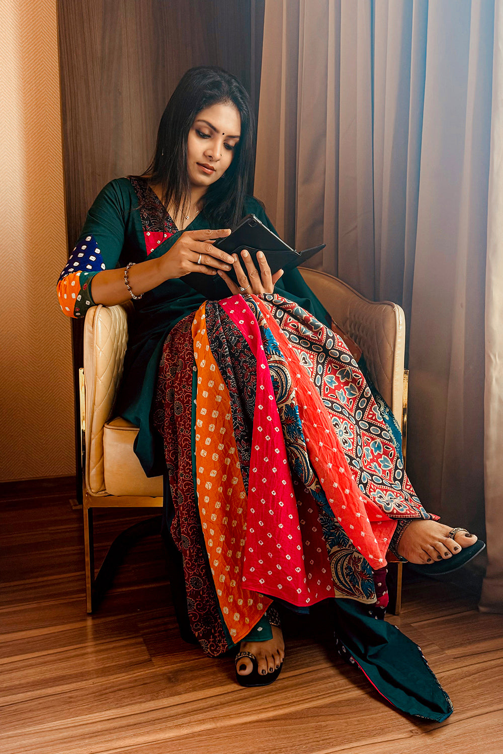 Peacock Green Mul Cotton & Bandhini Ajrakh Saree